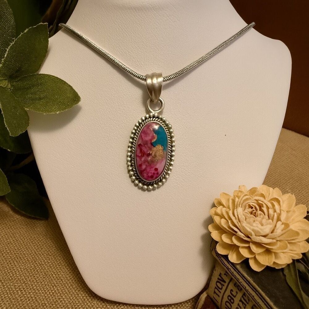 Beautiful Oval Kingman Pink Dahlia Turquoise Necklace Pendant Southwestern New *